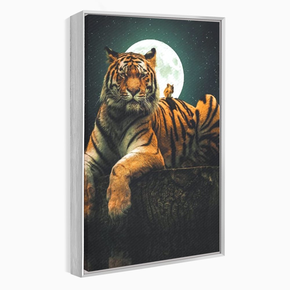Tablou canvas cu tablou canvas cu tigru si veverita, in rama de aluminiu argintiu